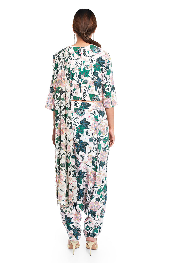 White Printed Art Crepe Crop Top and Low Crotch pant with Attached Art Georgette Drape Dupatta