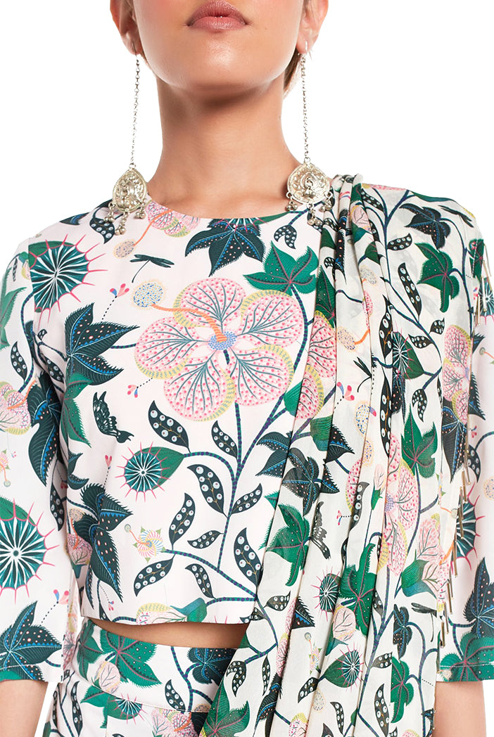 White Printed Art Crepe Crop Top and Low Crotch pant with Attached Art Georgette Drape Dupatta