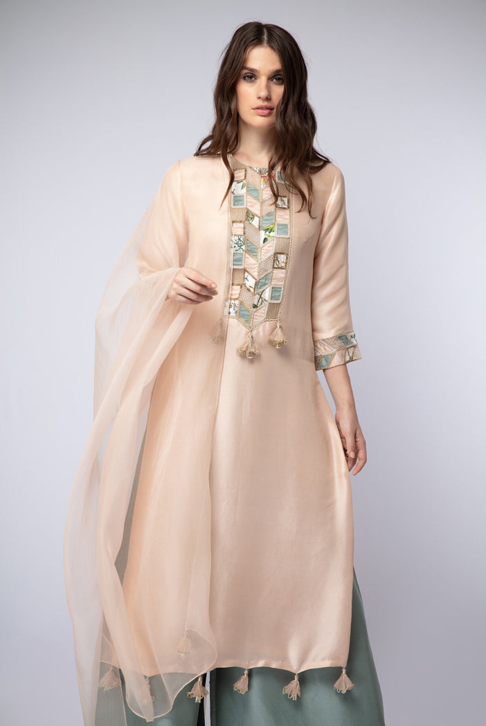 Blush Silk Kurta with Powder Blue Silk Palazzo and Blush Organza Dupatta