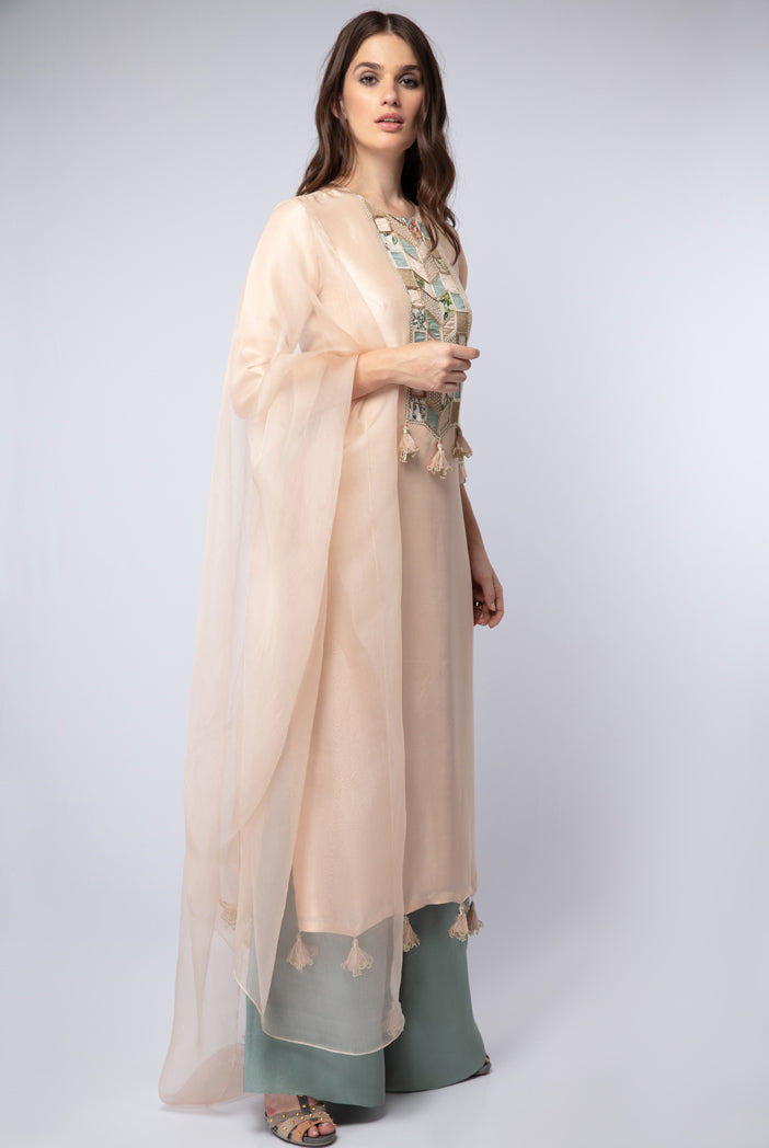 Blush Silk Kurta with Powder Blue Silk Palazzo and Blush Organza Dupatta