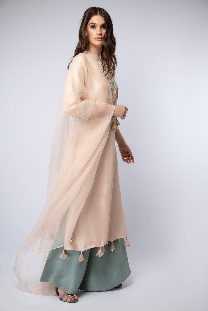 Blush Silk Kurta with Powder Blue Silk Palazzo and Blush Organza Dupatta