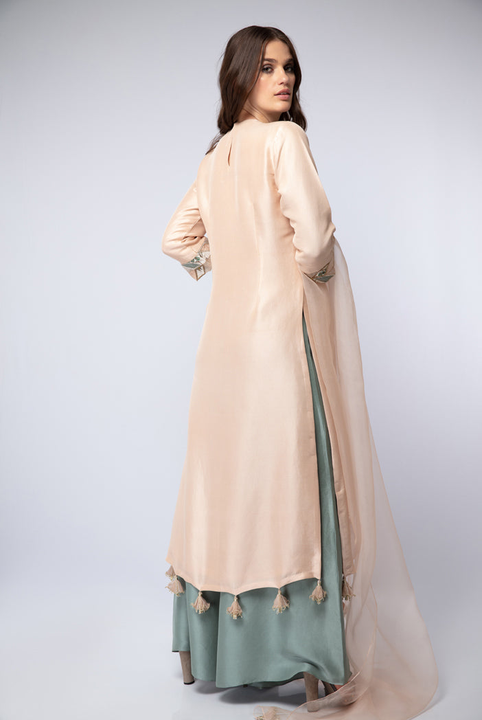 Blush Silk Kurta with Powder Blue Silk Palazzo and Blush Organza Dupatta