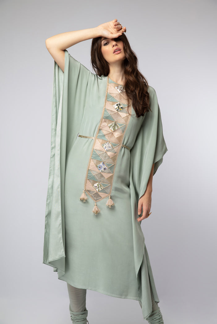 Powder Blue Crepe Kaftan Tunic with Soft Net Churidar
