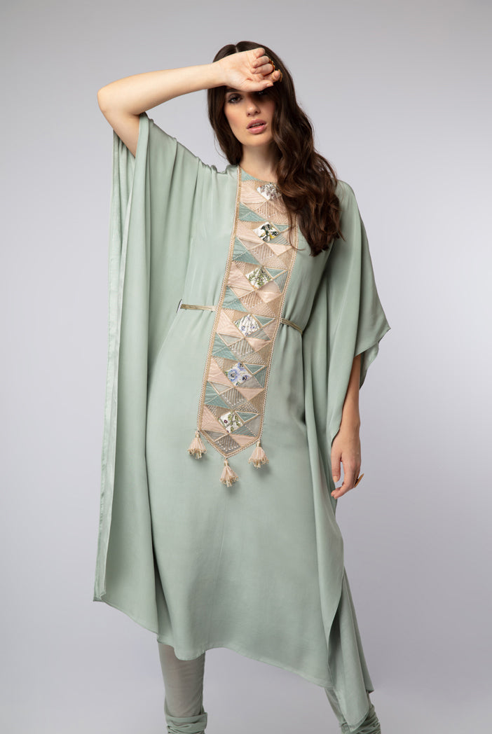 Powder Blue Crepe Kaftan Tunic with Soft Net Churidar