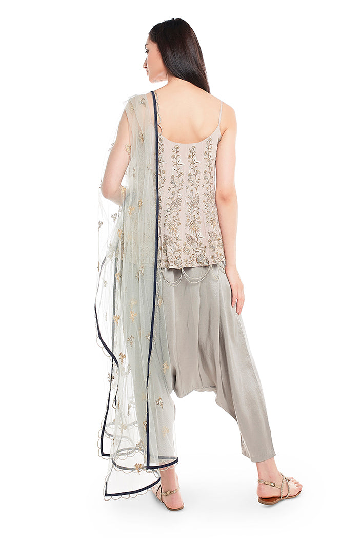 Powder Blue Crepe Short Anarkali Kurta with Silk Low Crotch Pant and Net Dupatta