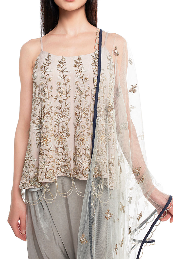 Powder Blue Crepe Short Anarkali Kurta with Silk Low Crotch Pant and Net Dupatta