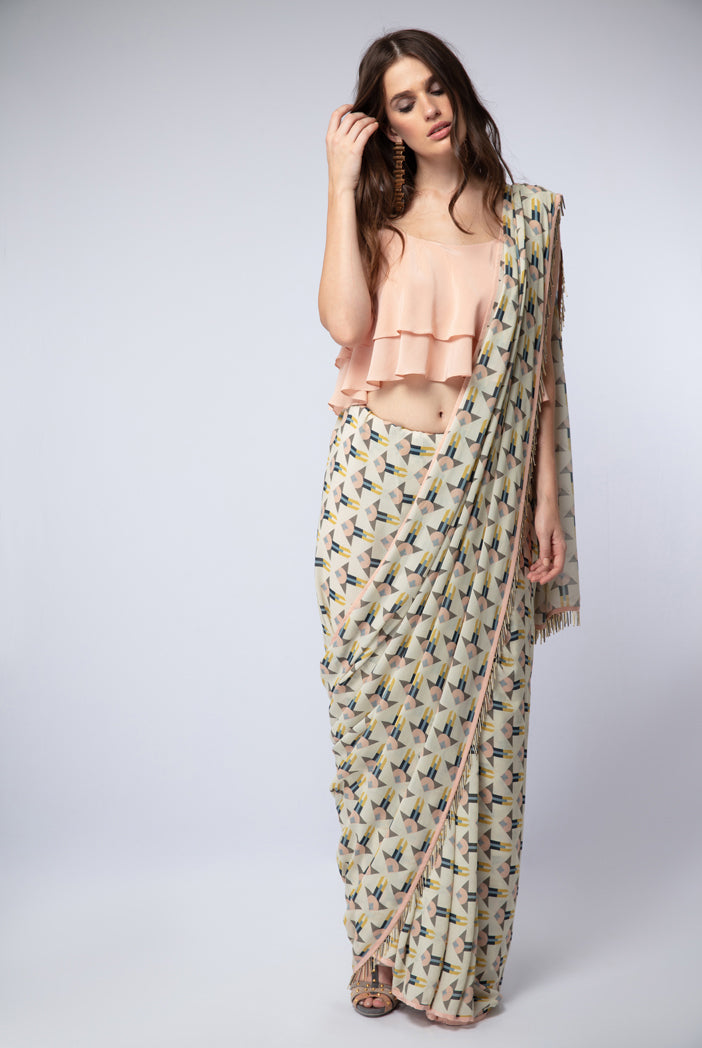 Peach Crepe Layered Top with Cream Printed Georgette Saree