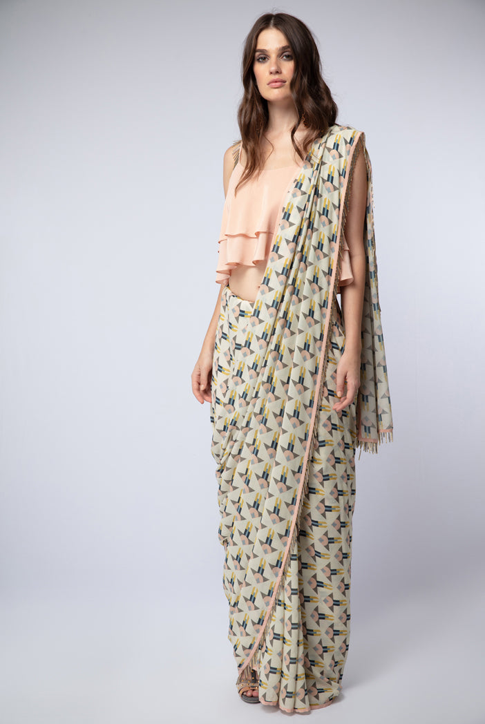 Peach Crepe Layered Top with Cream Printed Georgette Saree