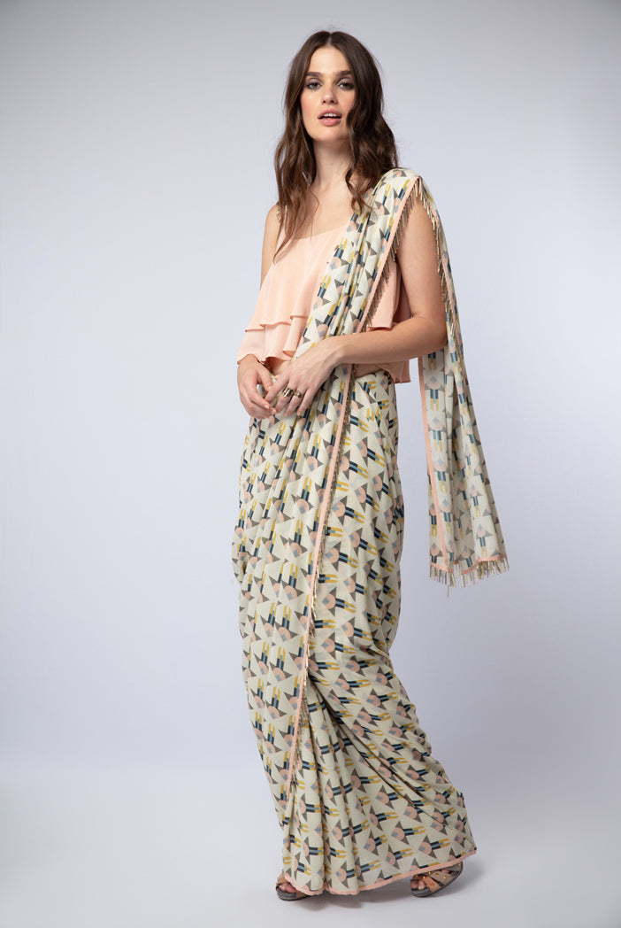 Peach Crepe Layered Top with Cream Printed Georgette Saree