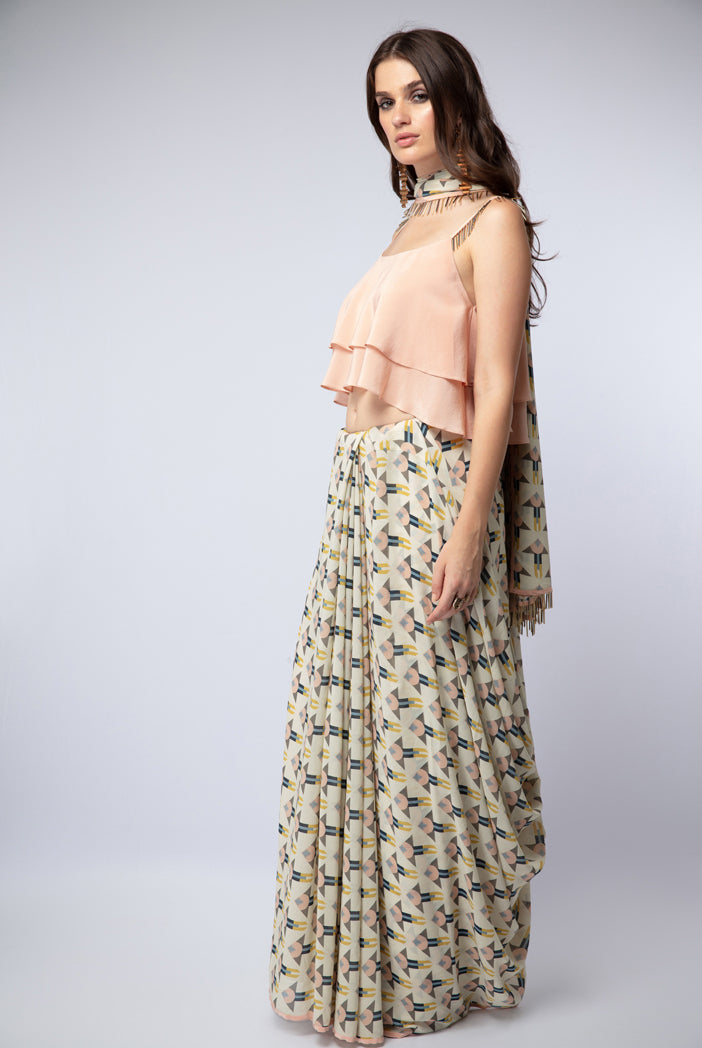 Peach Crepe Layered Top with Cream Printed Georgette Saree