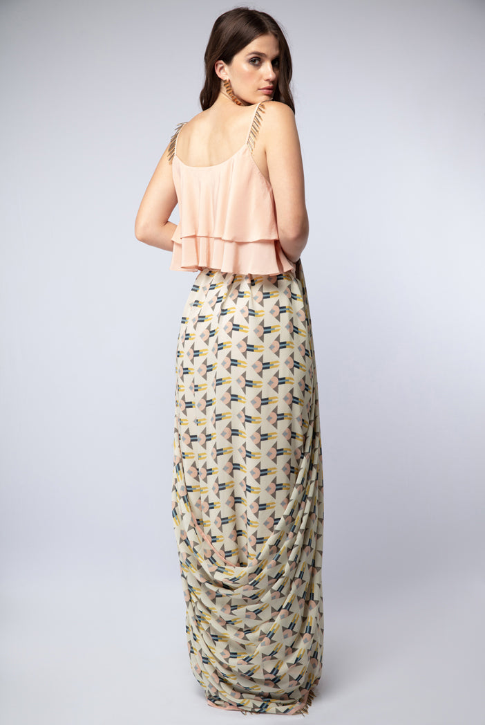 Peach Crepe Layered Top with Cream Printed Georgette Saree