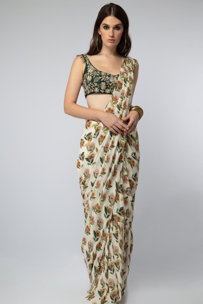 Emerald Green Silk Choli with Cream Printed Crepe Saree
