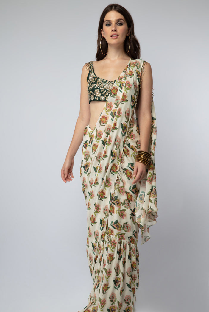 Emerald Green Silk Choli with Cream Printed Crepe Saree