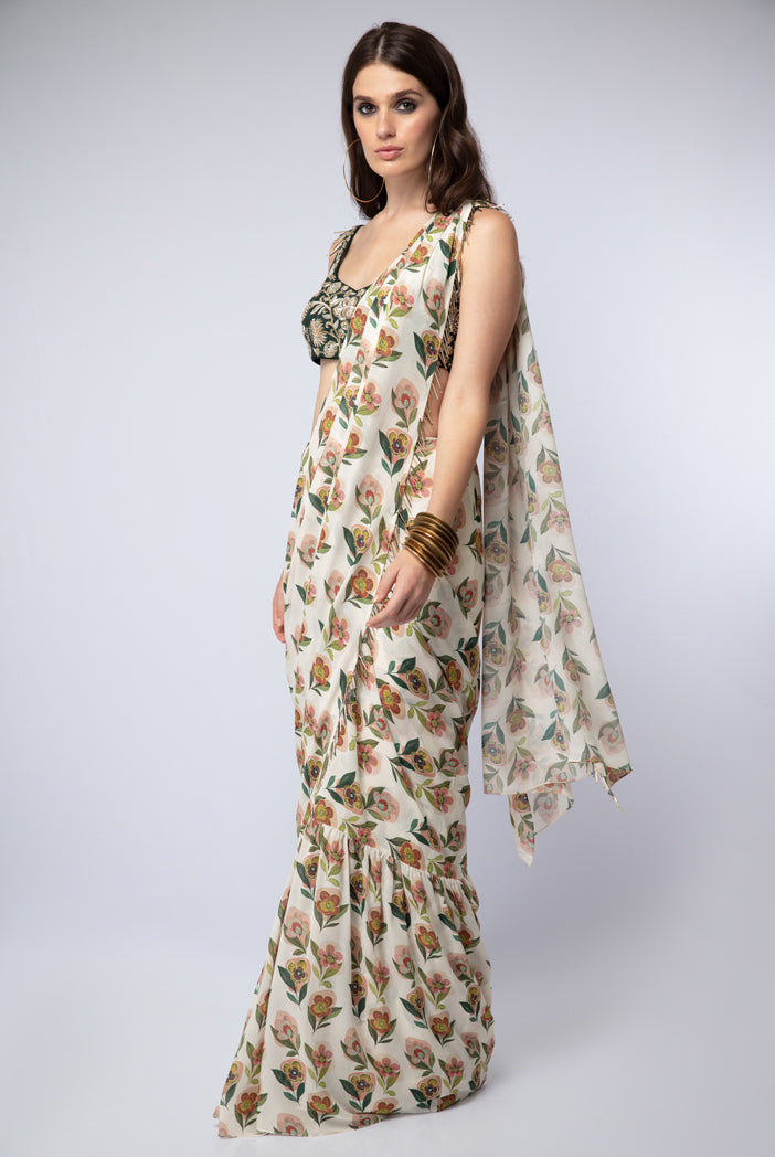 Emerald Green Silk Choli with Cream Printed Crepe Saree