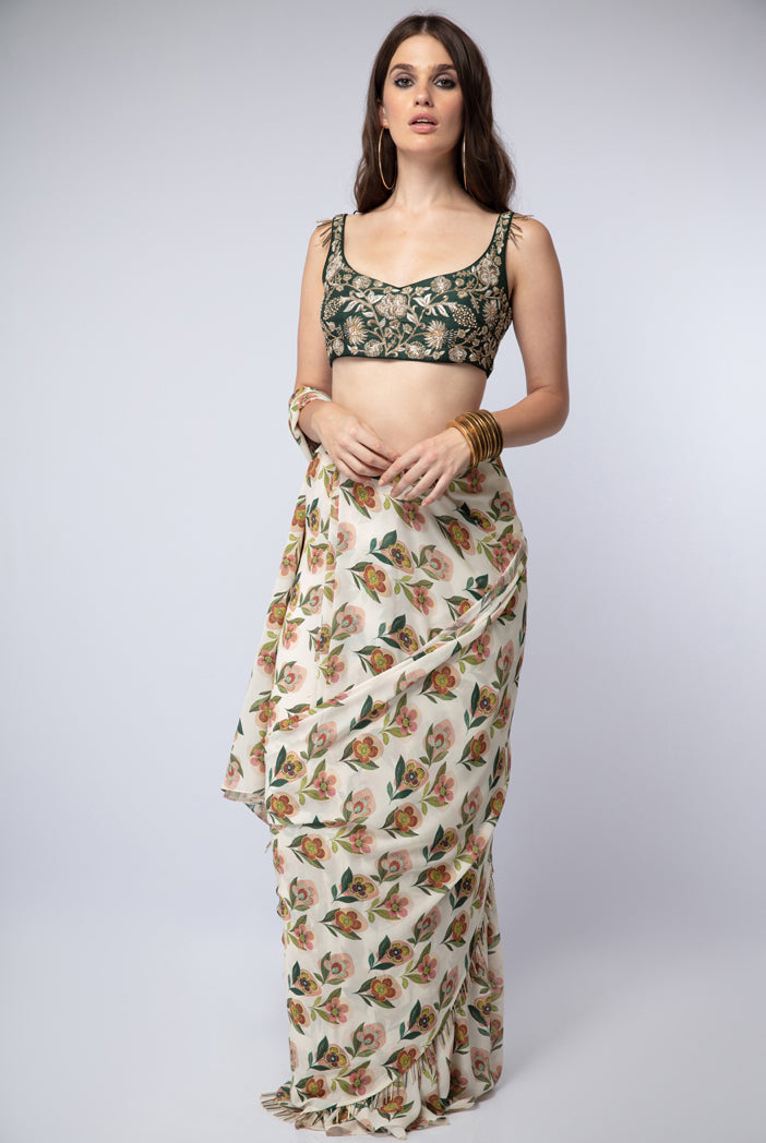 Emerald Green Silk Choli with Cream Printed Crepe Saree