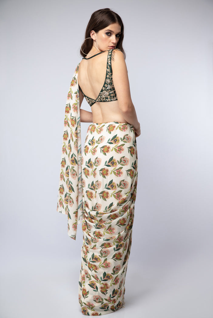 Emerald Green Silk Choli with Cream Printed Crepe Saree