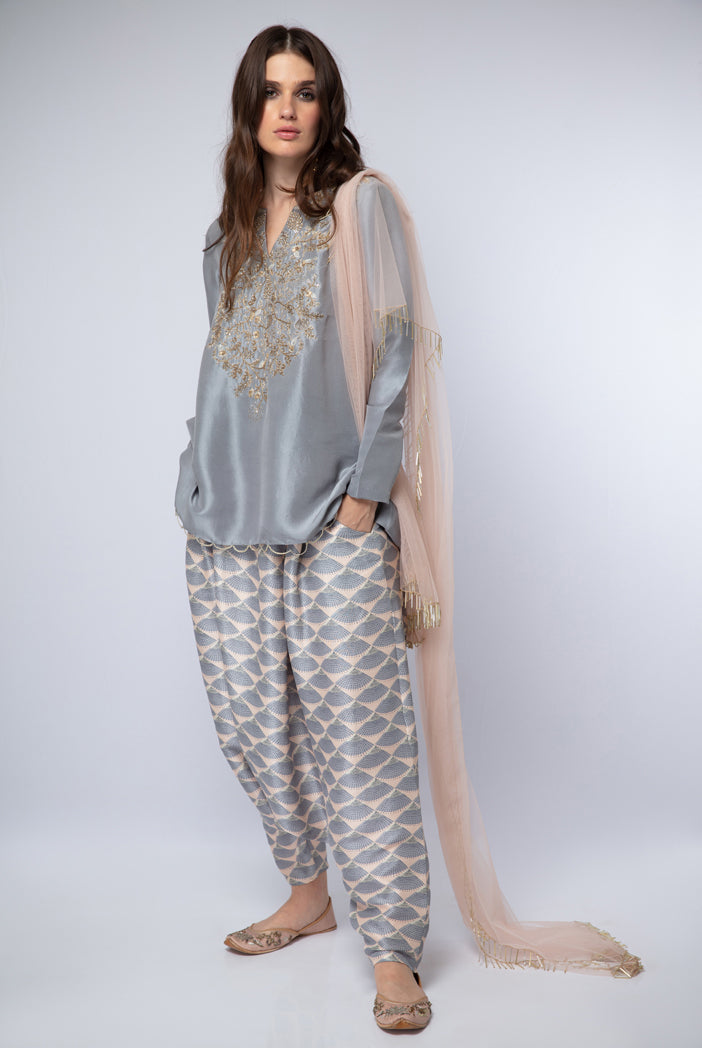 Lavender Silk High-Low Kurta with Blush Printed Silk Low crotch Pant and Blush Net Dupatta