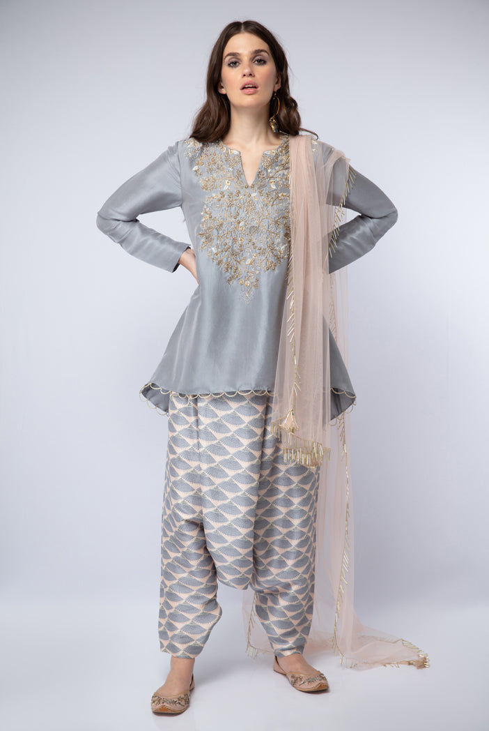 Lavender Silk High-Low Kurta with Blush Printed Silk Low crotch Pant and Blush Net Dupatta
