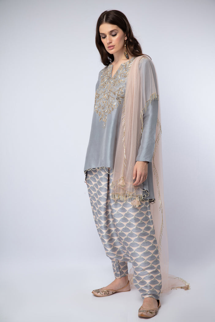 Lavender Silk High-Low Kurta with Blush Printed Silk Low crotch Pant and Blush Net Dupatta