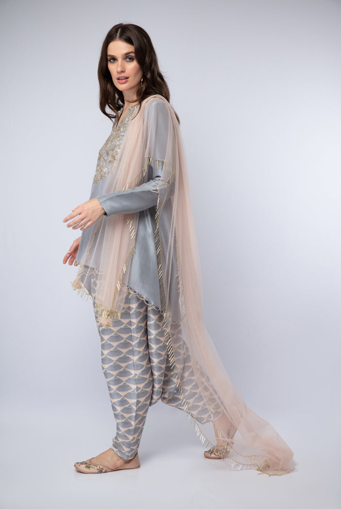 Lavender Silk High-Low Kurta with Blush Printed Silk Low crotch Pant and Blush Net Dupatta