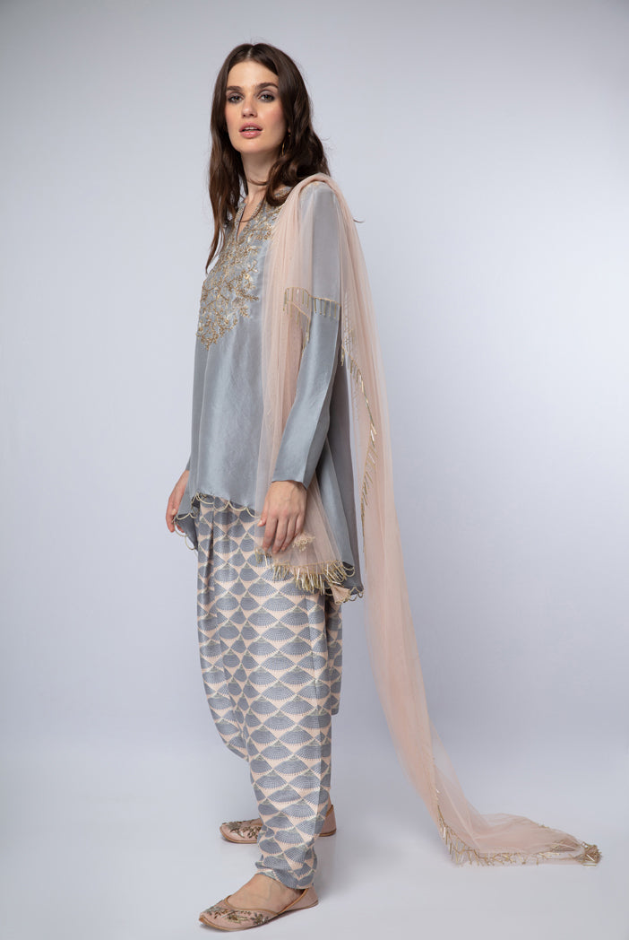 Lavender Silk High-Low Kurta with Blush Printed Silk Low crotch Pant and Blush Net Dupatta