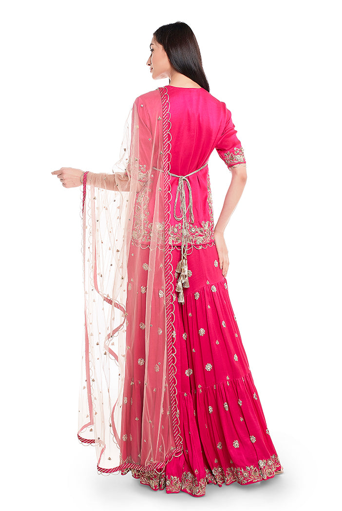 Black Colour Crepe Short Anarkali Top and Low Crotch Pant with Attached Mukaish Georgette Drape