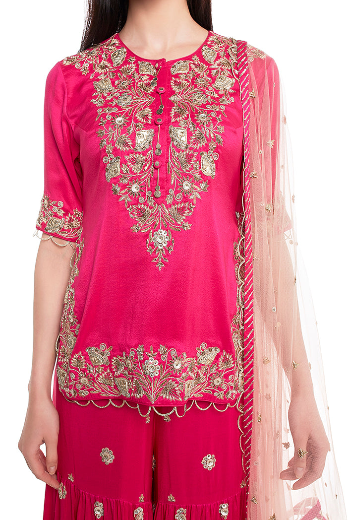 Black Colour Crepe Short Anarkali Top and Low Crotch Pant with Attached Mukaish Georgette Drape