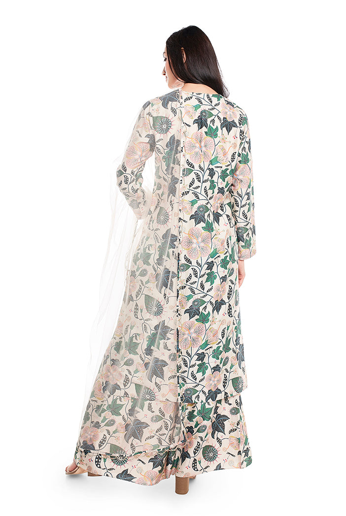 White Printed Cotton Silk Kurta with Palazzo and White Net Dupatta