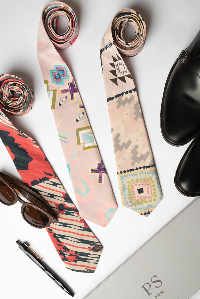 PS Men Red Ikat Tribe, Pink Ikat Star and Blush Mosaic Diamond Print Crepe Ties Set (Set of 3)