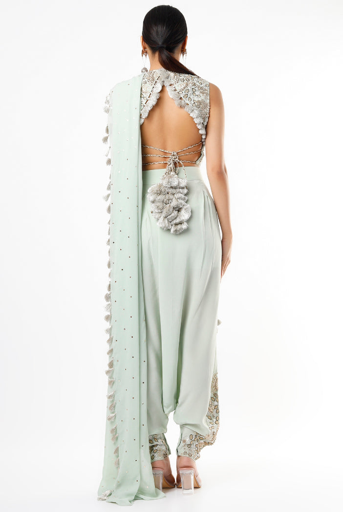 Powder Blue Embroidered Crepe Choli And Low Crotch Pants With Attached Dot Mukaish Georgette Drape