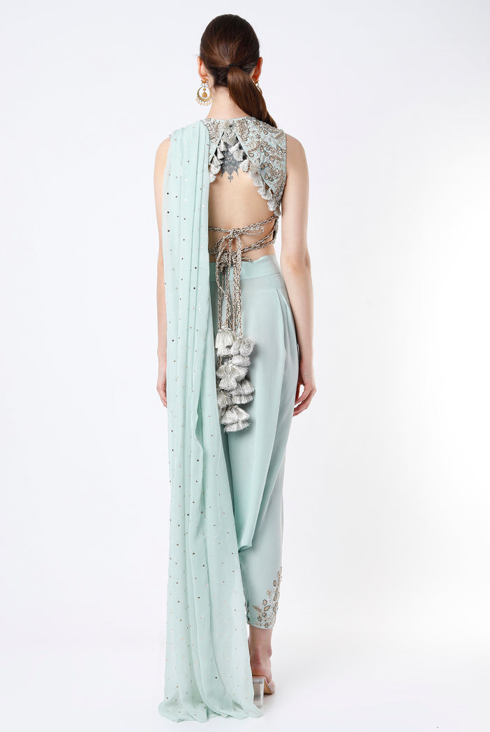 Mint Embroidered Crepe Choli And Low Crotch Pants With Attached Dot Mukaish Georgette Drape
