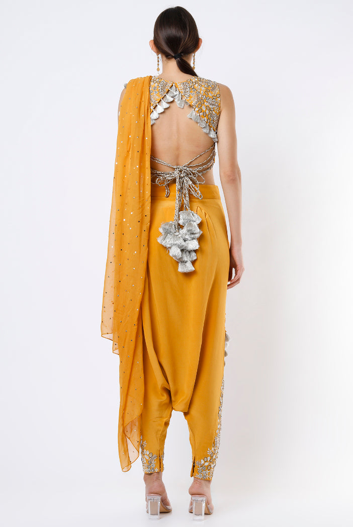 Mustard Embroidered Crepe Choli And Low Crotch Pants With Attached Dot Mukaish Georgette Drape