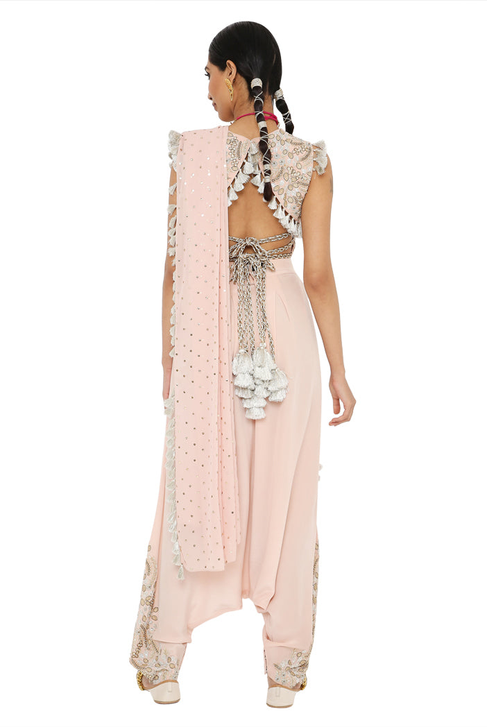 Suroor Rose Pink Colour Embroidered Choli And Dhoti With Drape