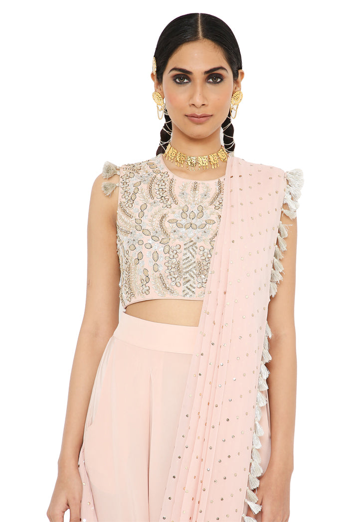 Suroor Rose Pink Colour Embroidered Choli And Dhoti With Drape