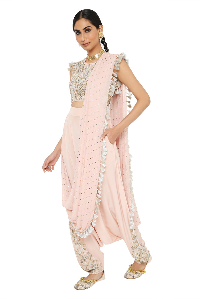 Suroor Rose Pink Colour Embroidered Choli And Dhoti With Drape