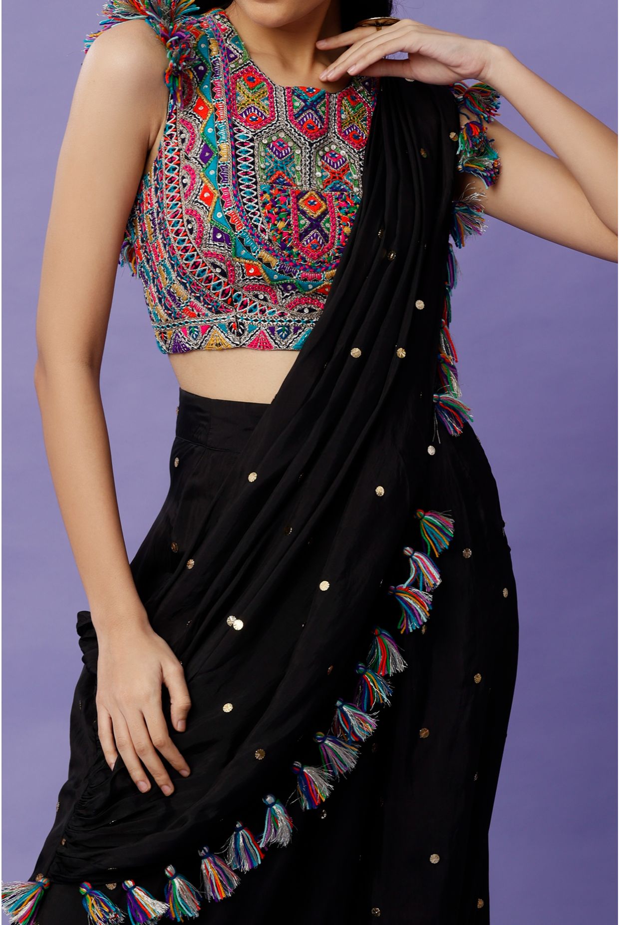 Black Georgette Embroidered Choli And Mukaish Silk Low Crotch Pant With Attached Drape