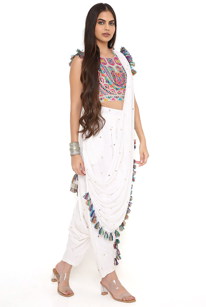 Off White Georgette Embroidered Choli And Mukaish Silk Low Crotch Pant With Attached Drape
