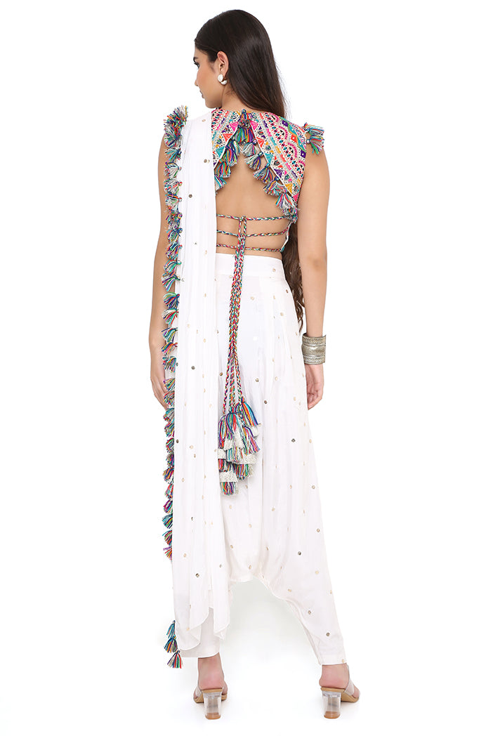 Off White Georgette Embroidered Choli And Mukaish Silk Low Crotch Pant With Attached Drape