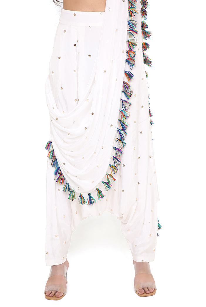 Off White Georgette Embroidered Choli And Mukaish Silk Low Crotch Pant With Attached Drape