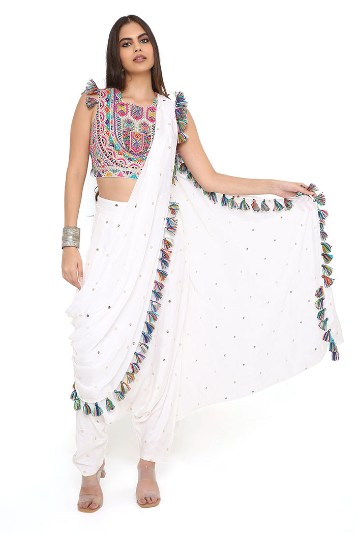 Off White Georgette Embroidered Choli And Mukaish Silk Low Crotch Pant With Attached Drape