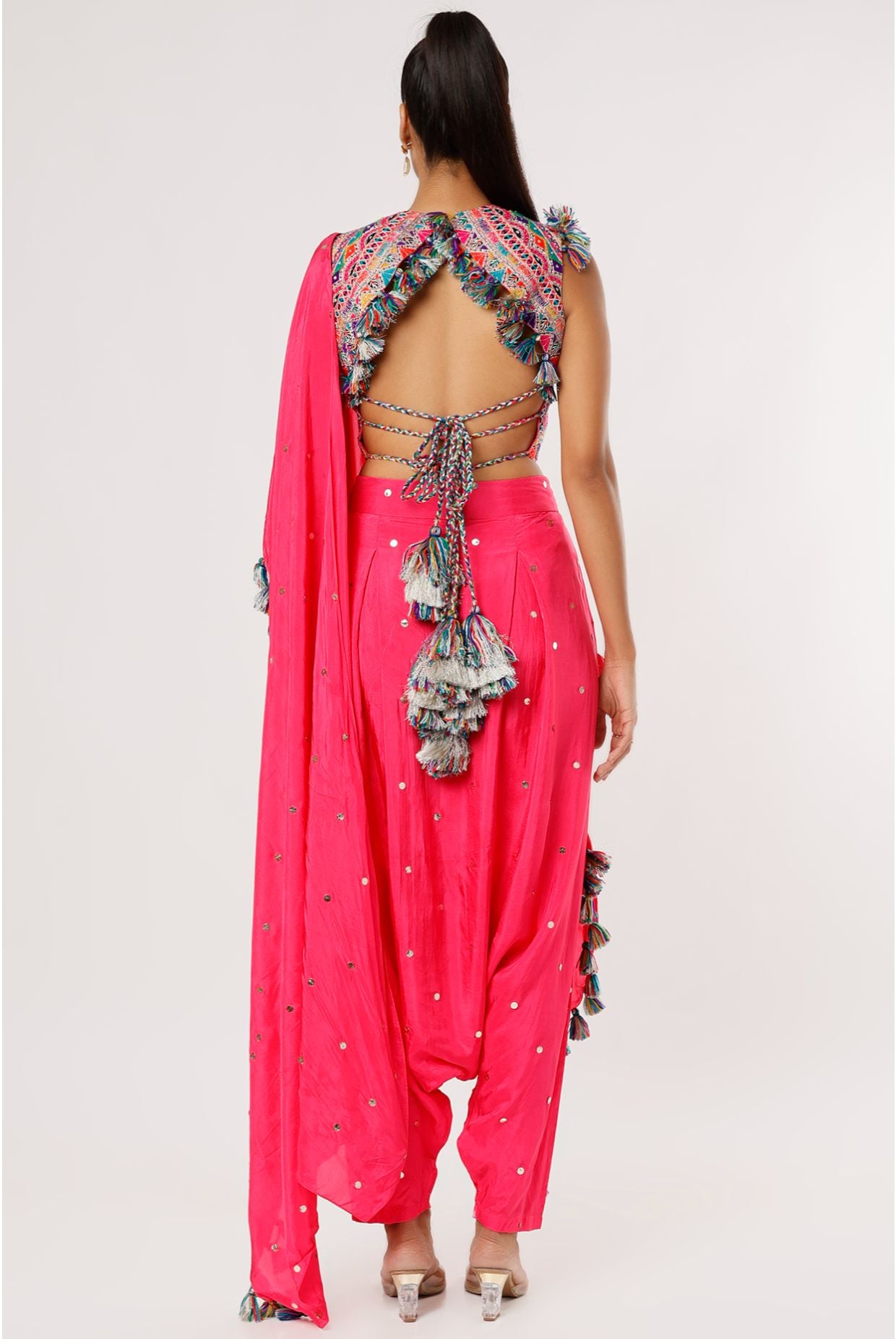 Pink Georgette Embroidered Choli And Mukaish Silk Low Crotch Pant With Attached Drape