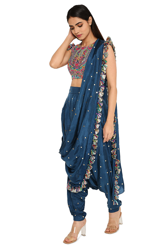 Maori Midnight Blue Colour Embroidered Choli With Mukaish Silk Low Crotch Pants With Attached Drape