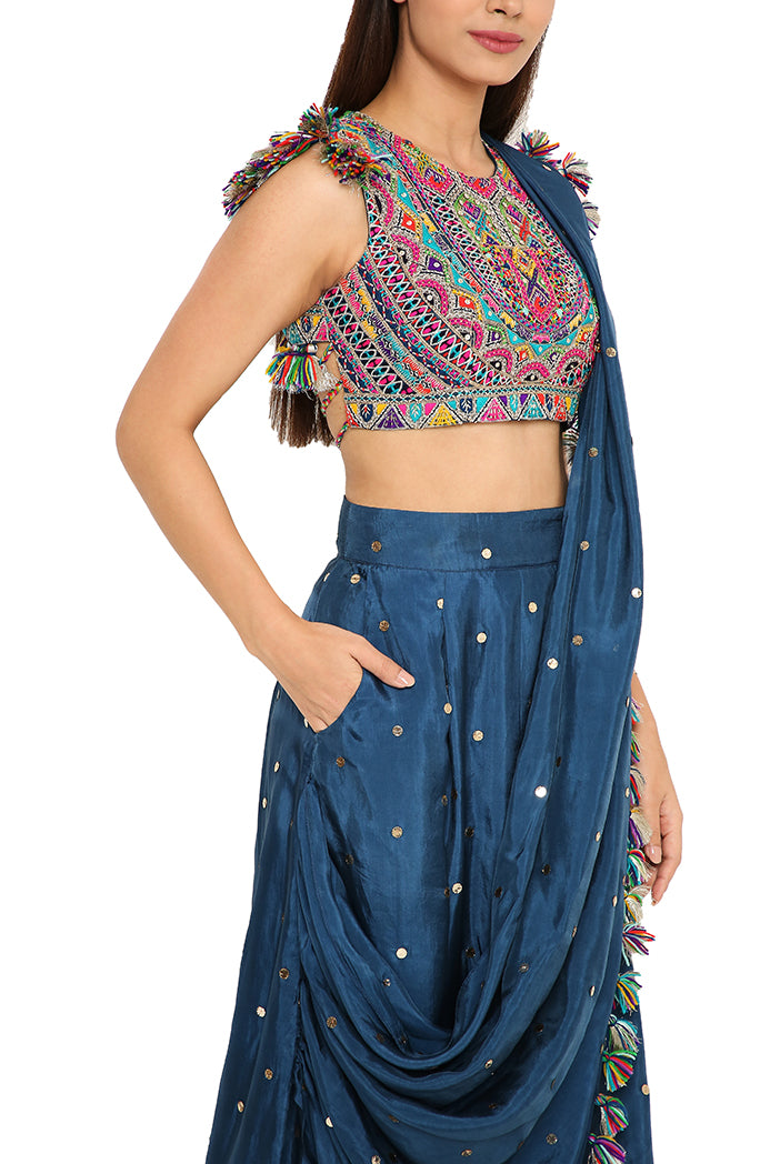 Maori Midnight Blue Colour Embroidered Choli With Mukaish Silk Low Crotch Pants With Attached Drape