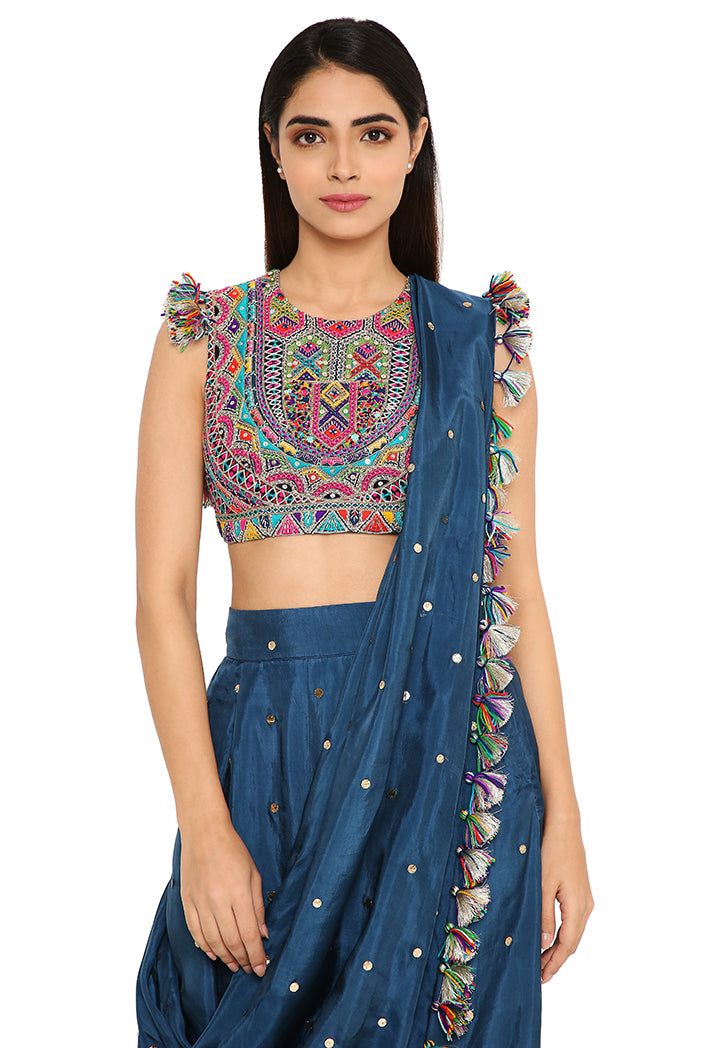 Maori Midnight Blue Colour Embroidered Choli With Mukaish Silk Low Crotch Pants With Attached Drape
