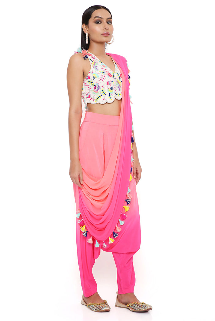 Stone Georgette Embroidered Choli With Coral And Pink Shaded Crepe Low Crotch Pant With Attached Georgette Drape