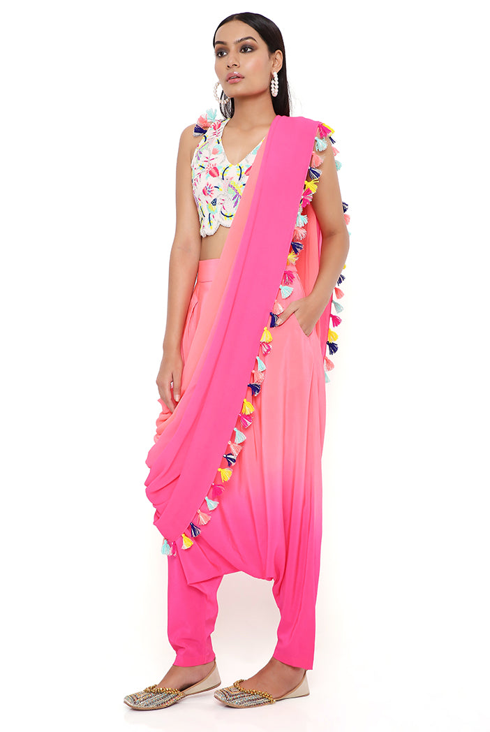 Stone Georgette Embroidered Choli With Coral And Pink Shaded Crepe Low Crotch Pant With Attached Georgette Drape