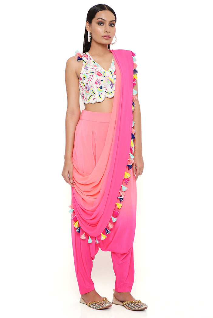 Stone Georgette Embroidered Choli With Coral And Pink Shaded Crepe Low Crotch Pant With Attached Georgette Drape