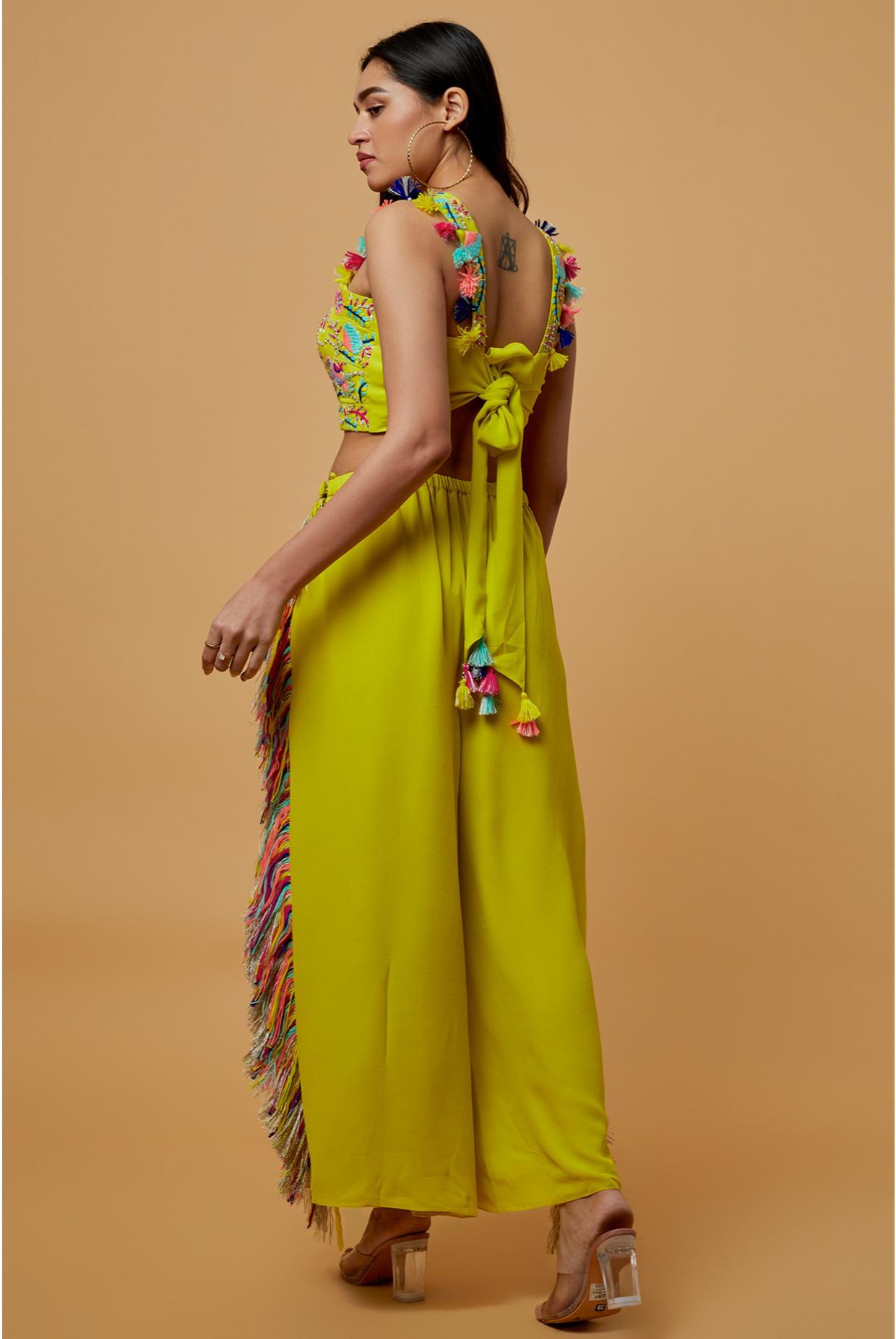 Lime Green Embroidered Bustier With Cropped Culotte Pant