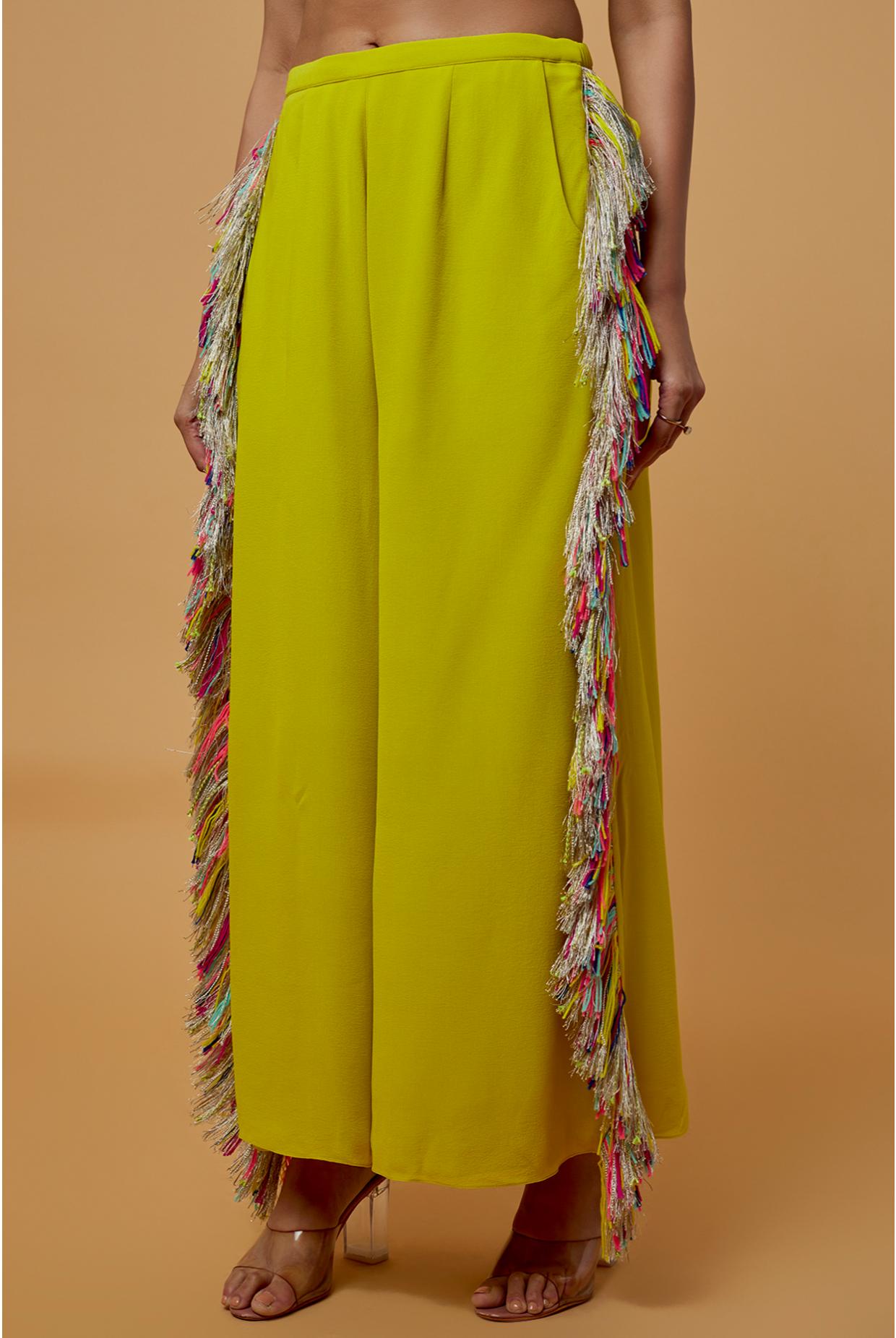Lime Green Embroidered Bustier With Cropped Culotte Pant