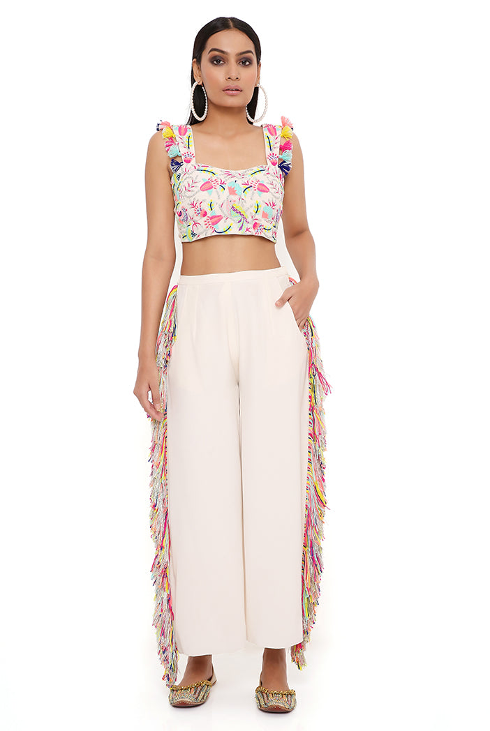 Rene Stone Georgette Embroidered Bustier With Cropped Culotte Pant